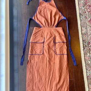 STAUD Rust Halter Midi Dress with Contrast Trim